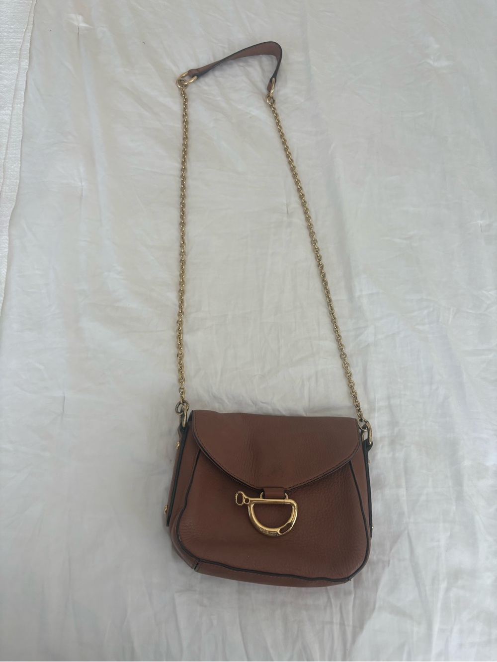 Ralph Lauren Brown Leather Crossbody with Gold Stirrup Accent